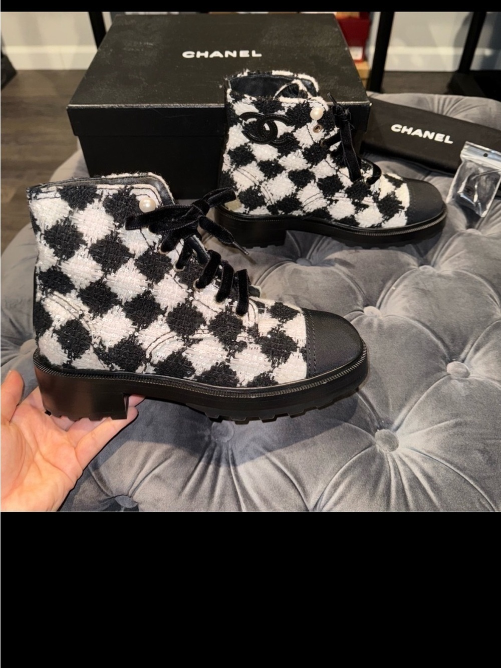 New Size 38.5 Chanel Tweed Black White Lace Up Ankle Boots